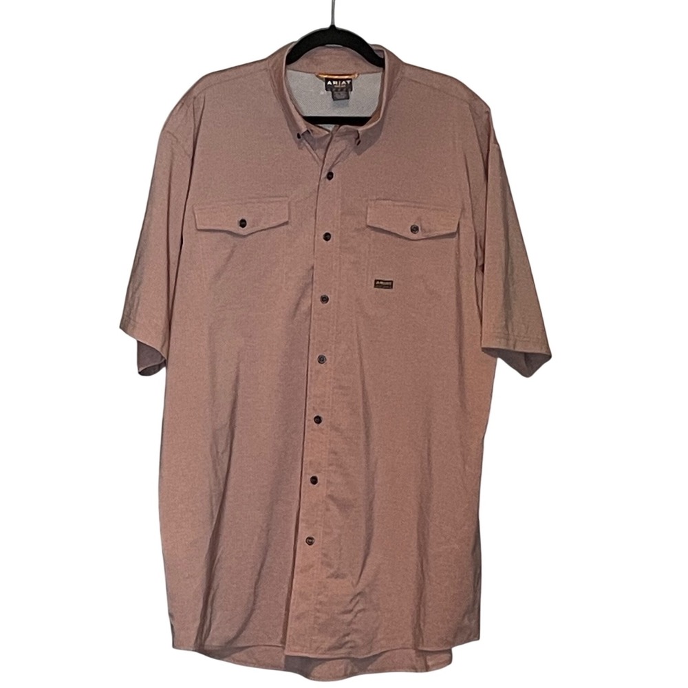 Ariat Rebar Mens XL Tall Short Sleeve Button Down Work Shirt Heather Clay Pink